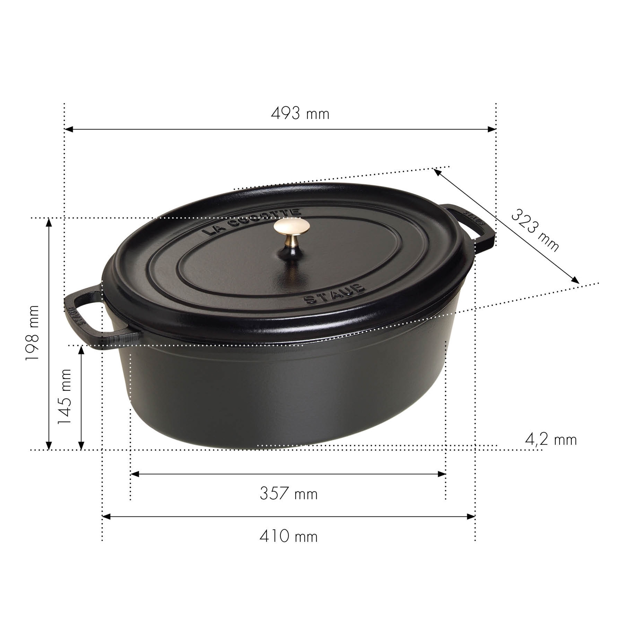 Oval cast iron casserole dish with measurements and lid