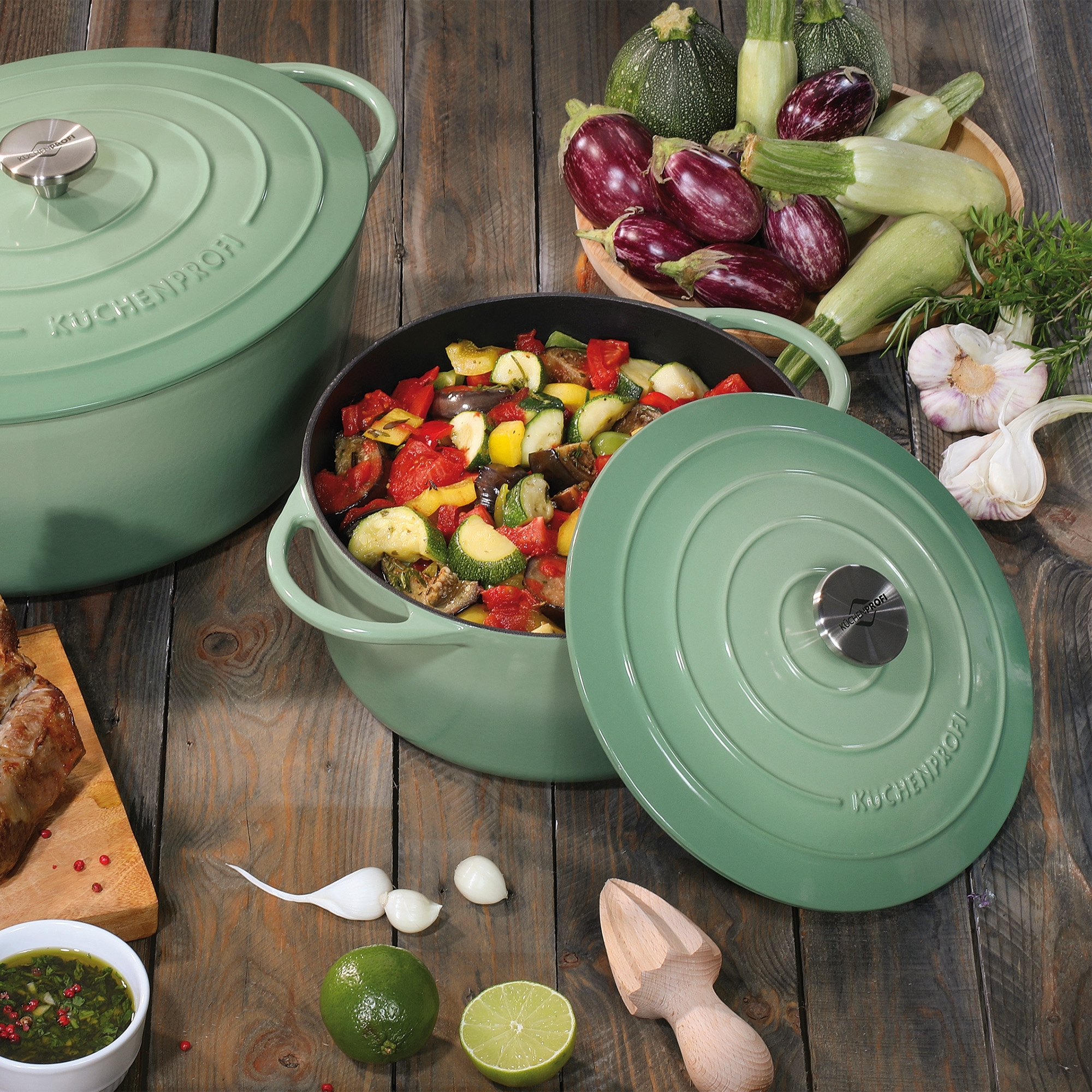 Runder Gusseisen-Bratentopf PROVENCE in jade 24 cm