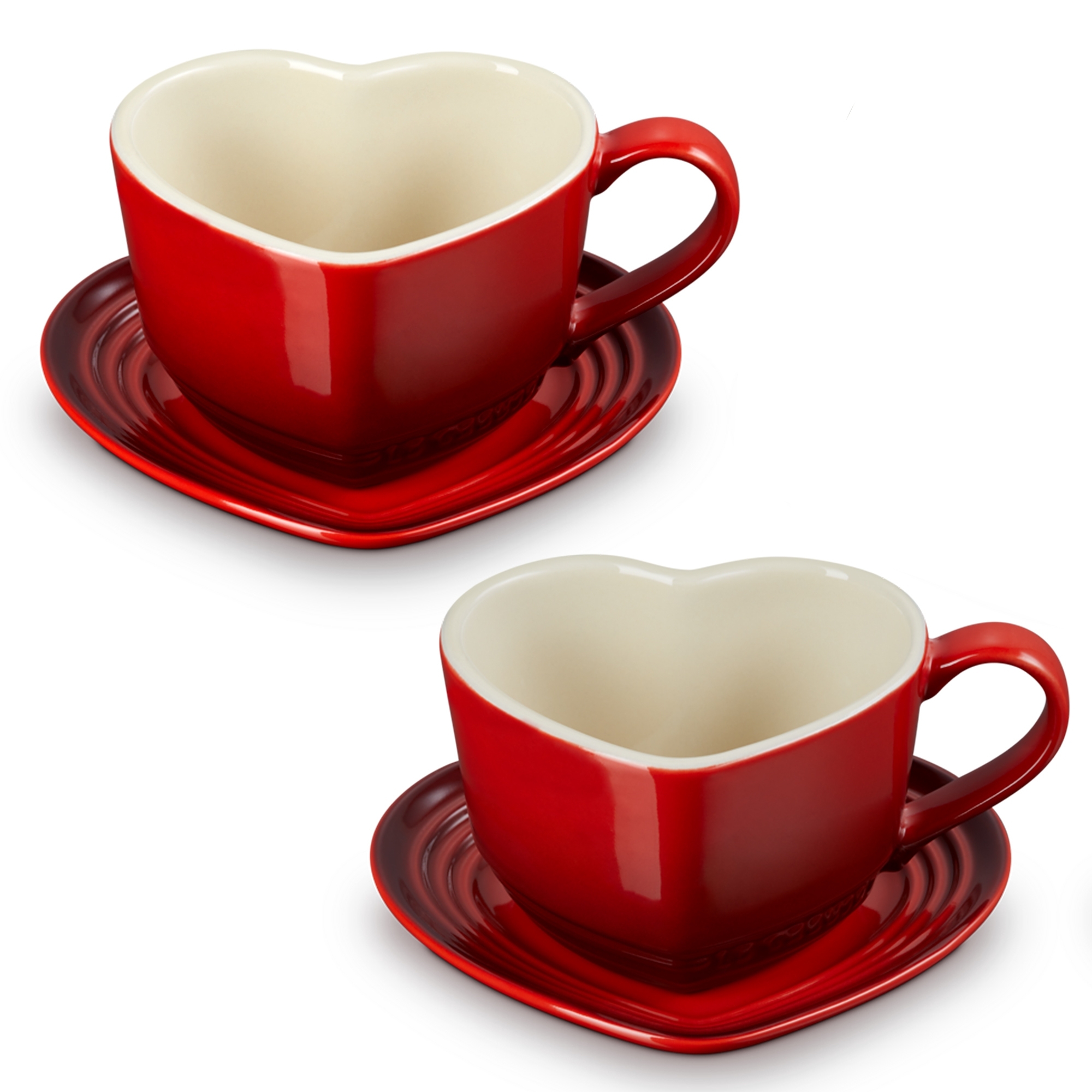 Le Creuset - Set of 2 Heart Mugs with Saucers - Heart Collection Le Creuset - Set of 2 Heart Mugs with Saucers - Heart Collection