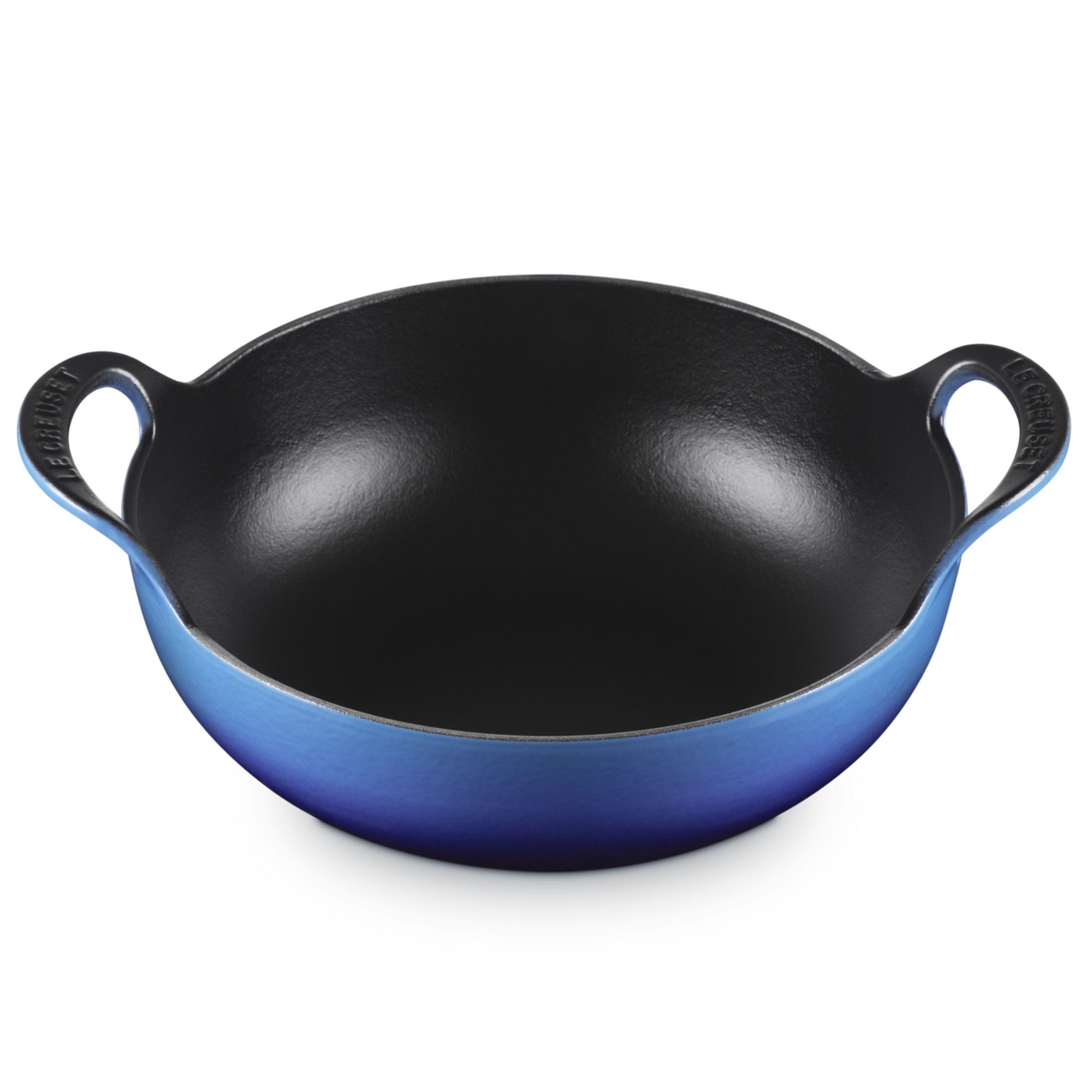 Blue round cast iron wok with two handles