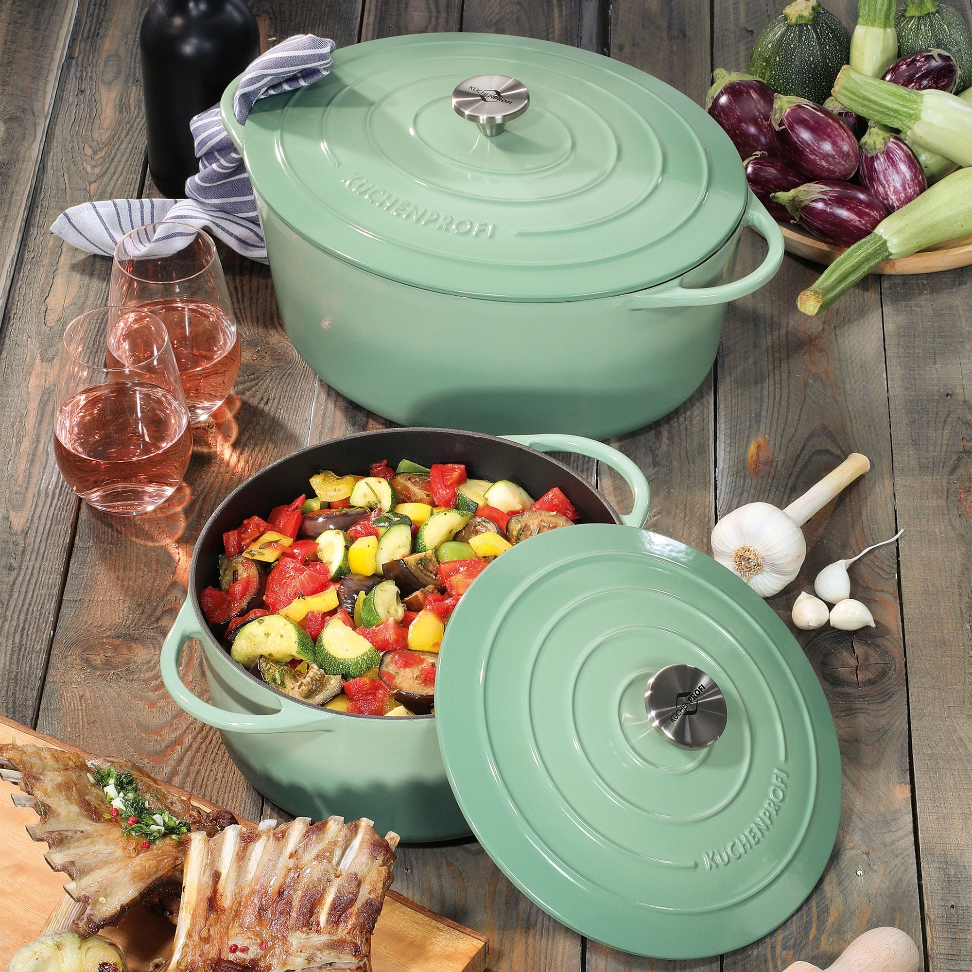 Mint green KÜCHENPROFI cast iron roaster with stew