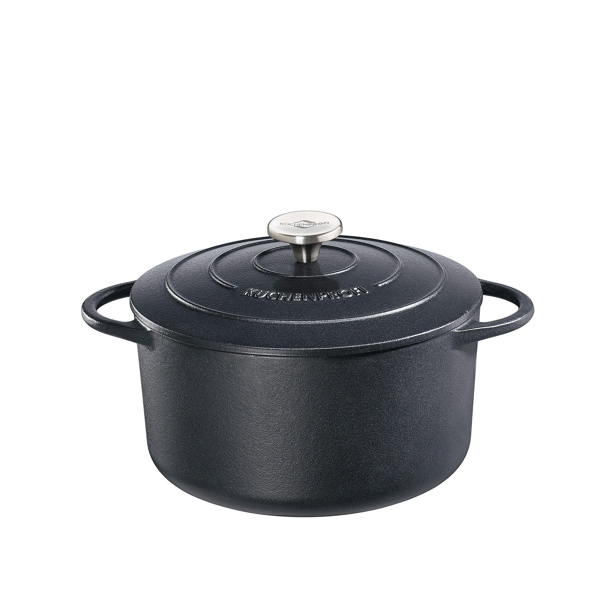 Black cast iron casserole with lid and handles