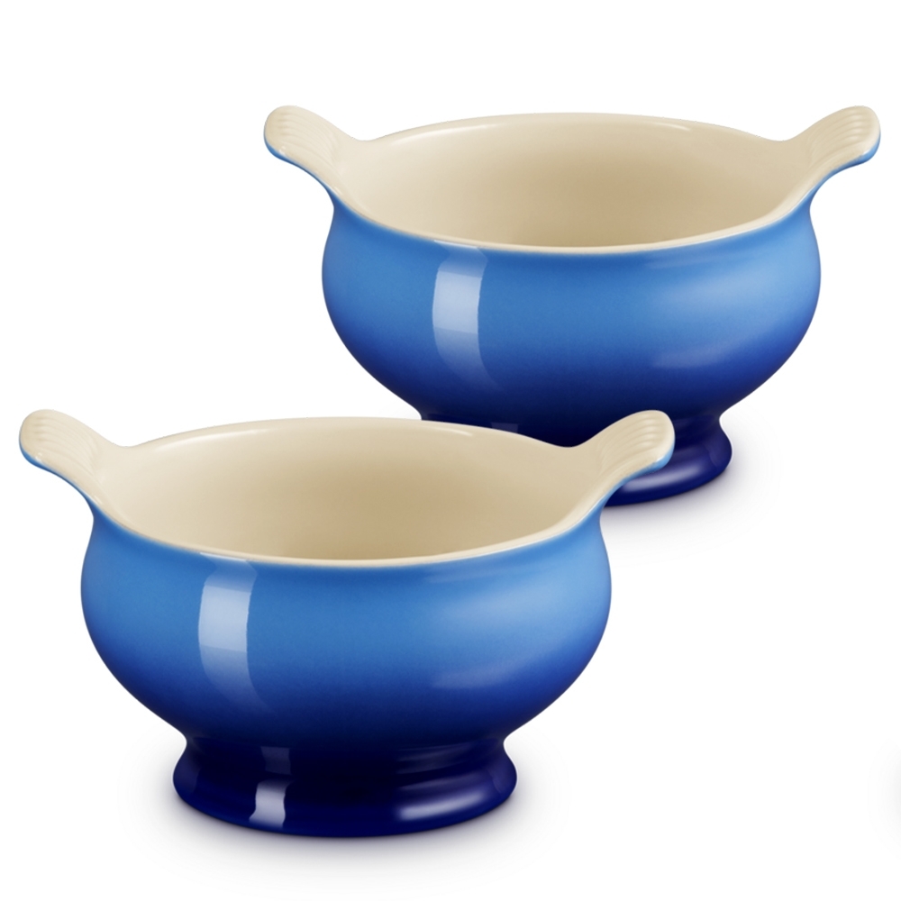 Two blue ceramic soup bowls with handles