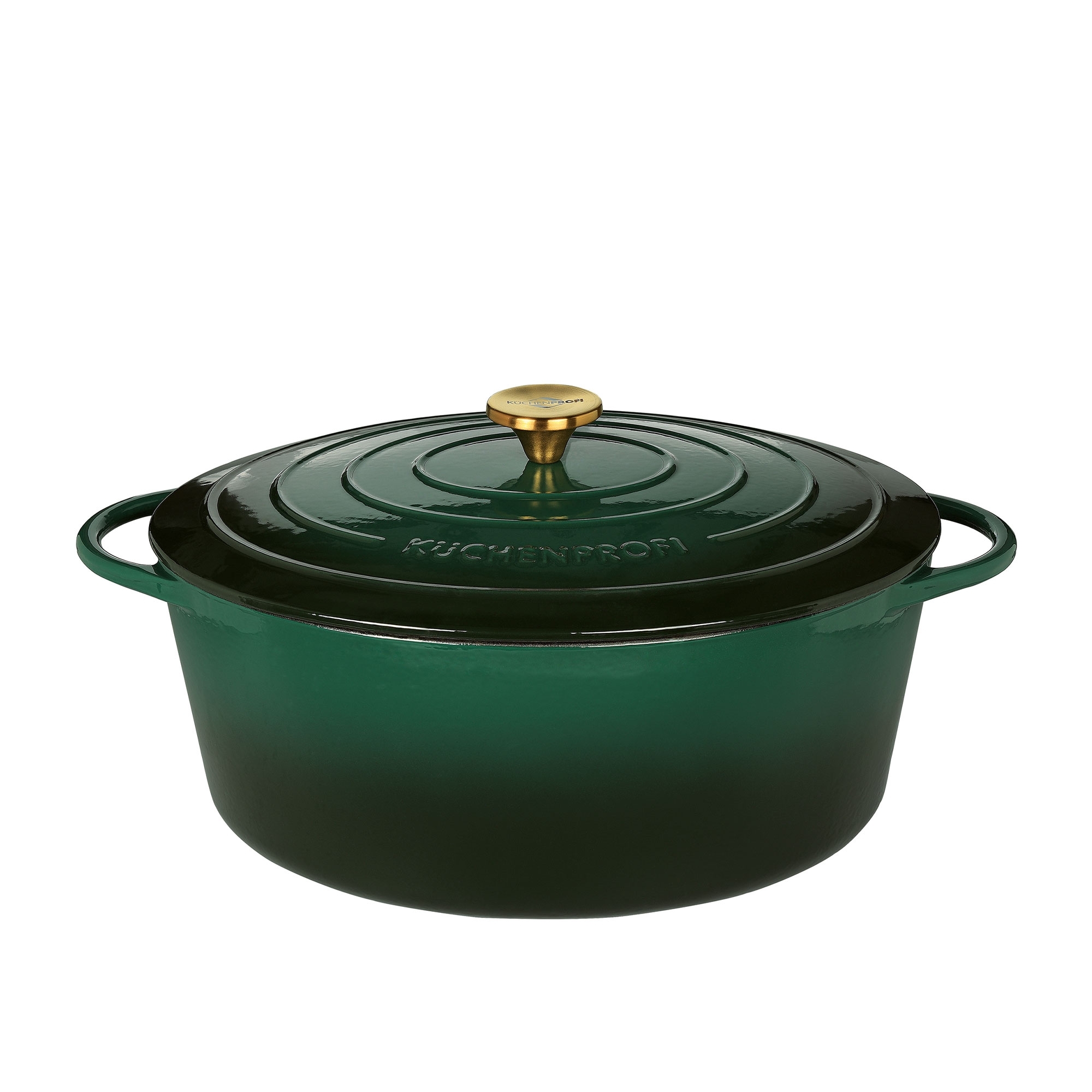 Oval green cast iron casserole with lid