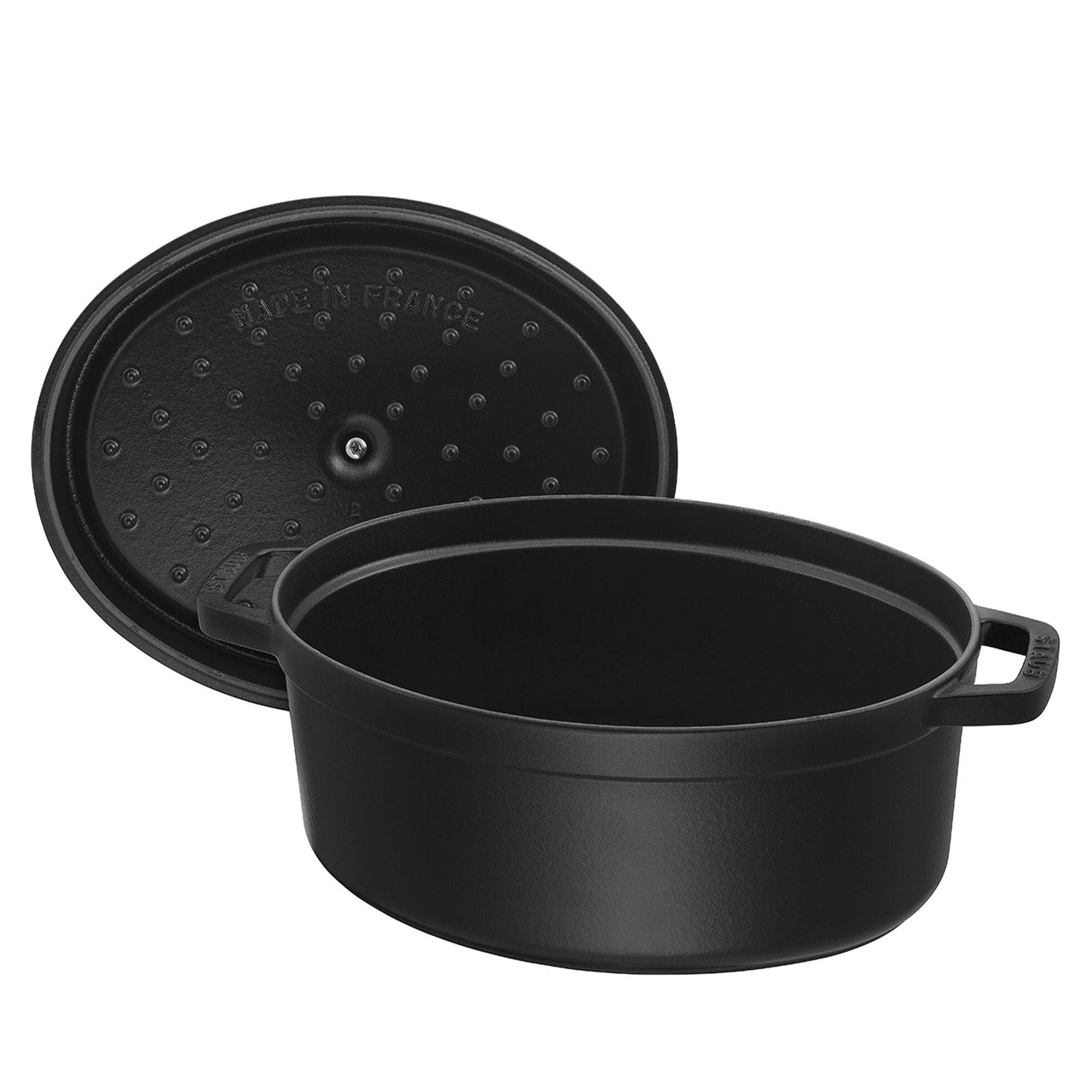 Black oval cast iron pot with lid