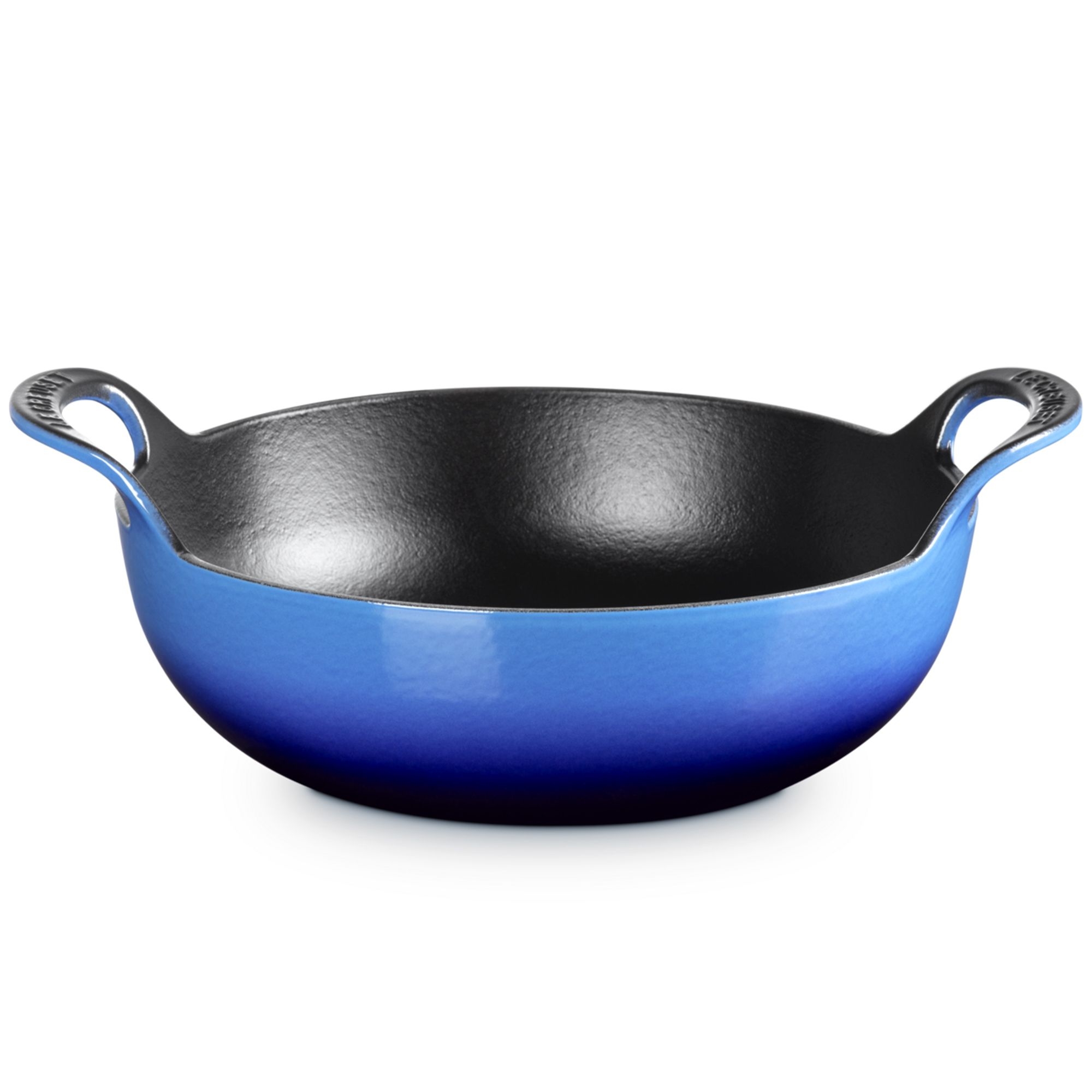 Round blue cast iron wok pan with handles