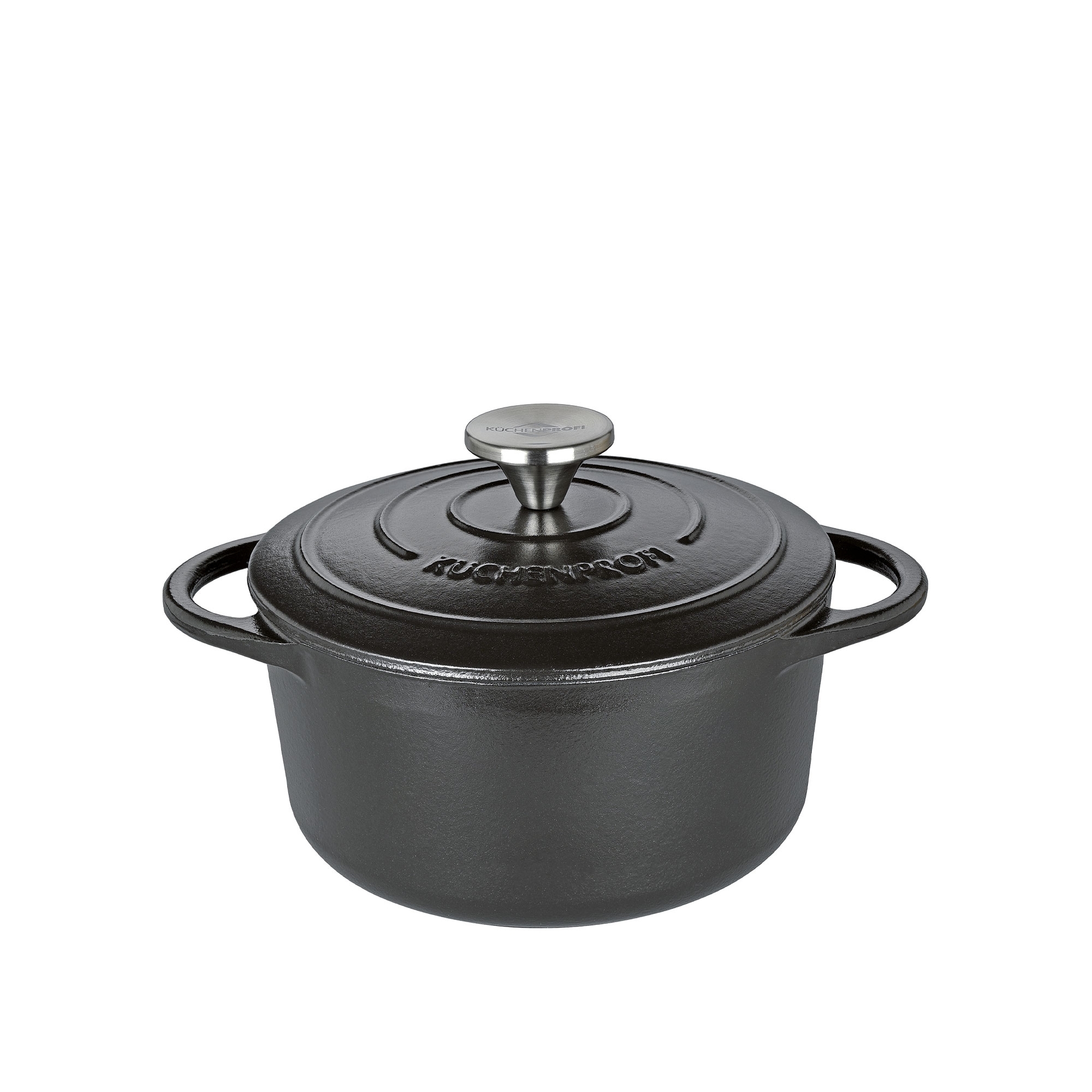 Schwarzer Gusseisentopf mit Deckel und Griffen