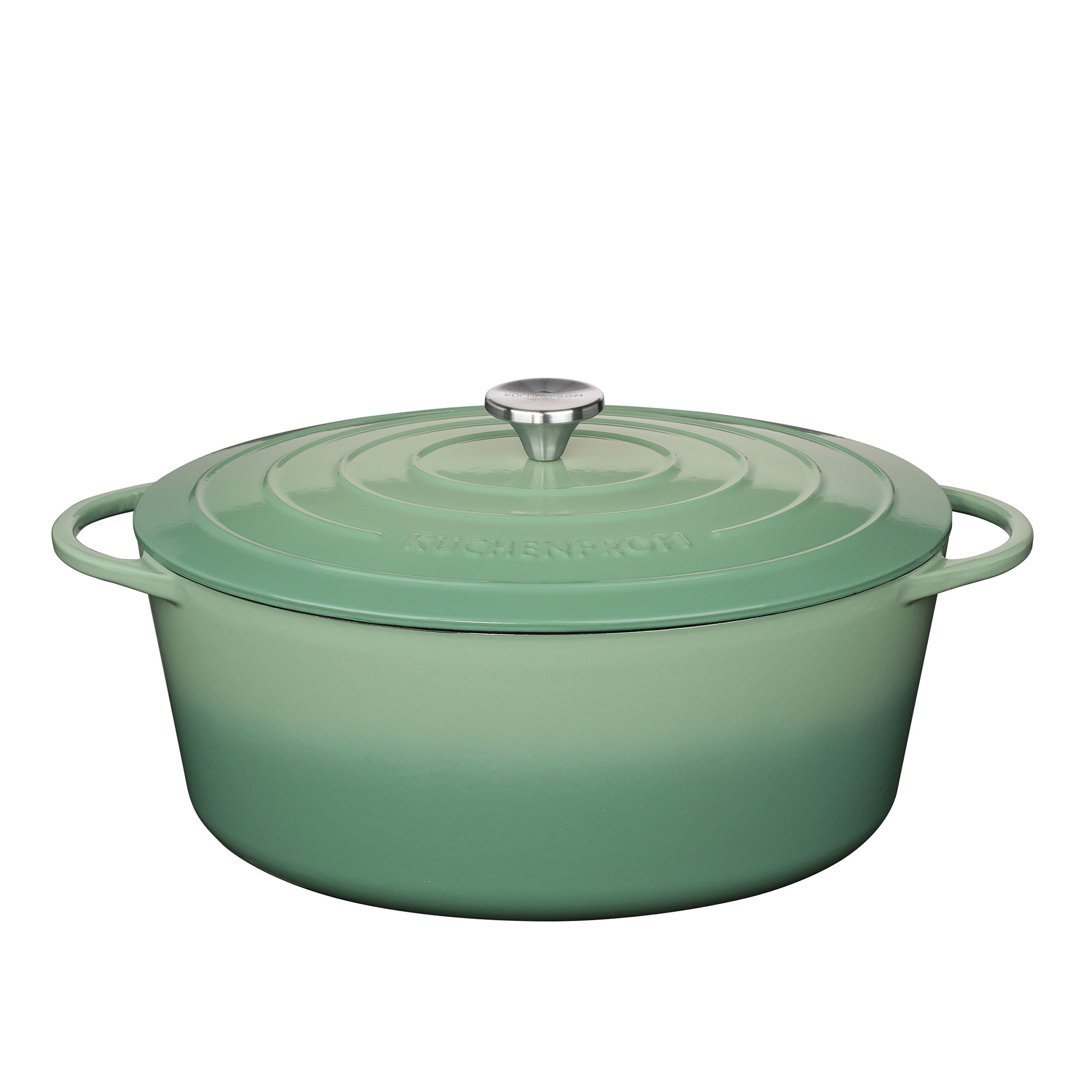 Oval green cast iron casserole dish with lid