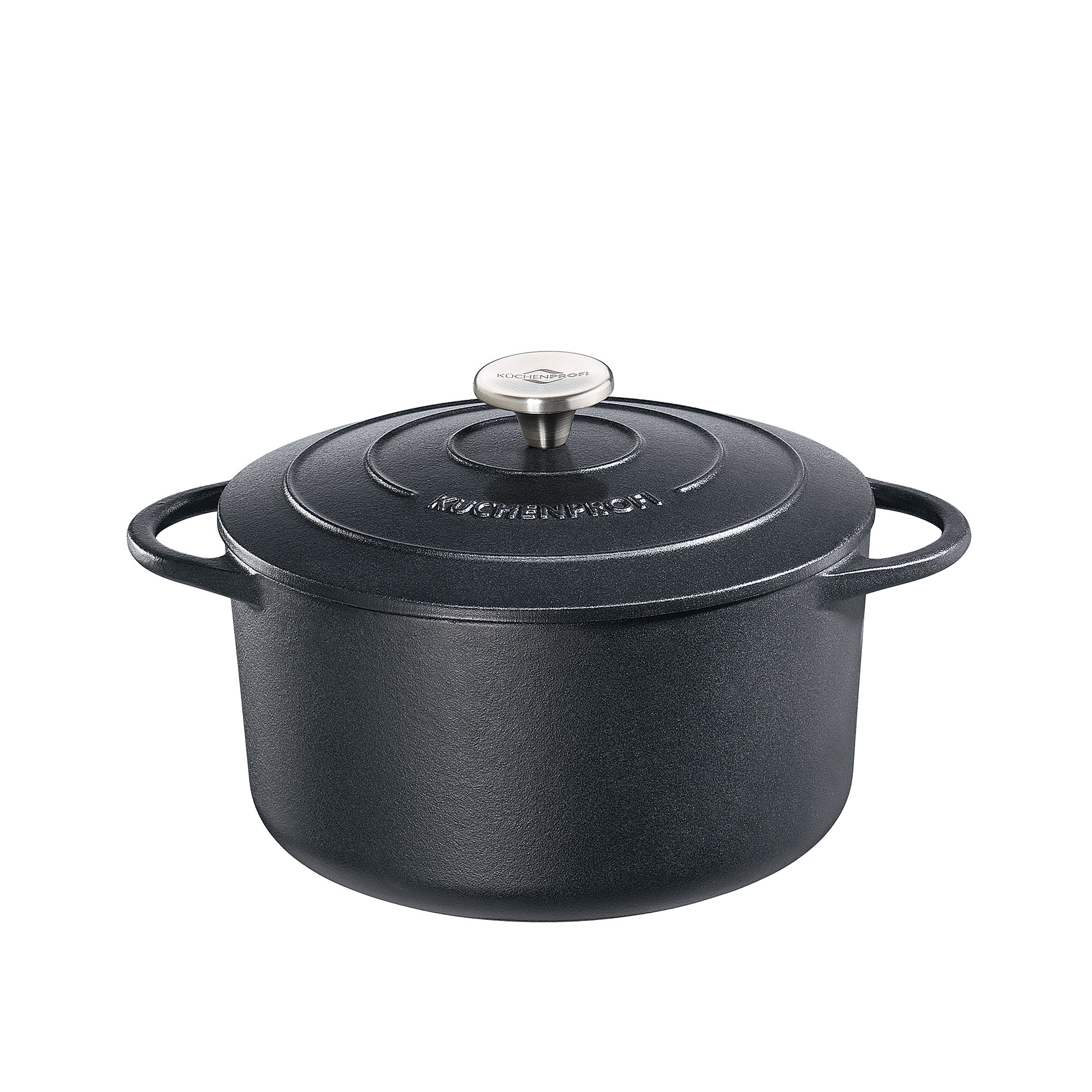 Round black cast iron pot with lid