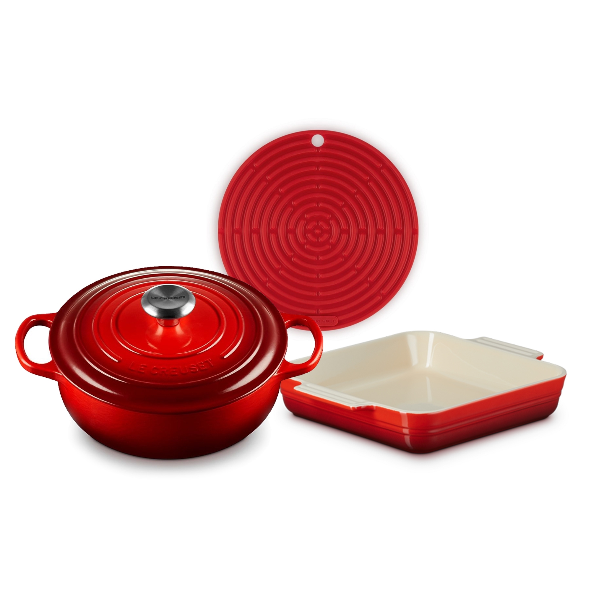Le Creuset - 3-teiliges Set - Sauteuse Signature, runder Topflappen, quad. Auflaufform klassik
