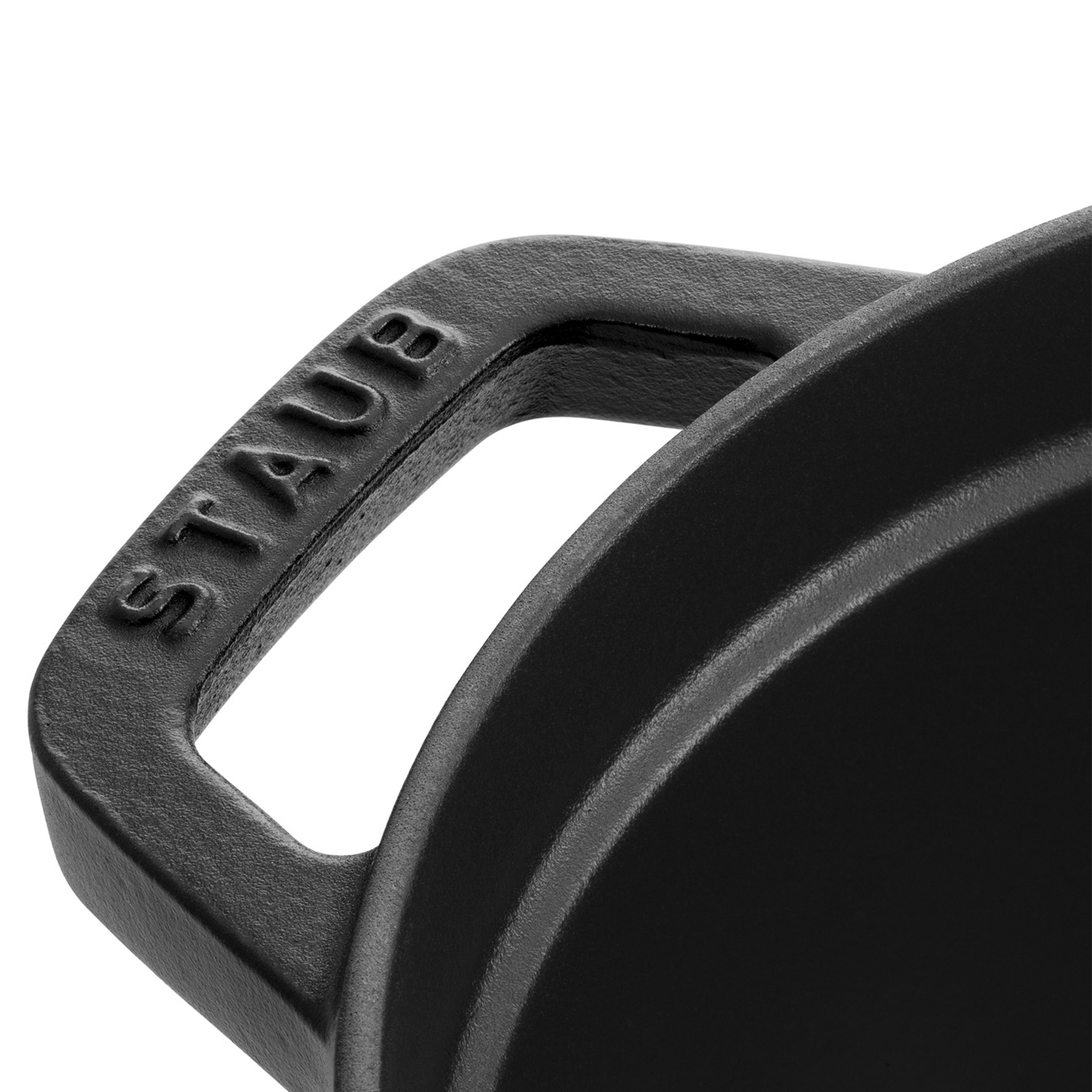 Sturdy handle of cast iron pot with STAUB embossing