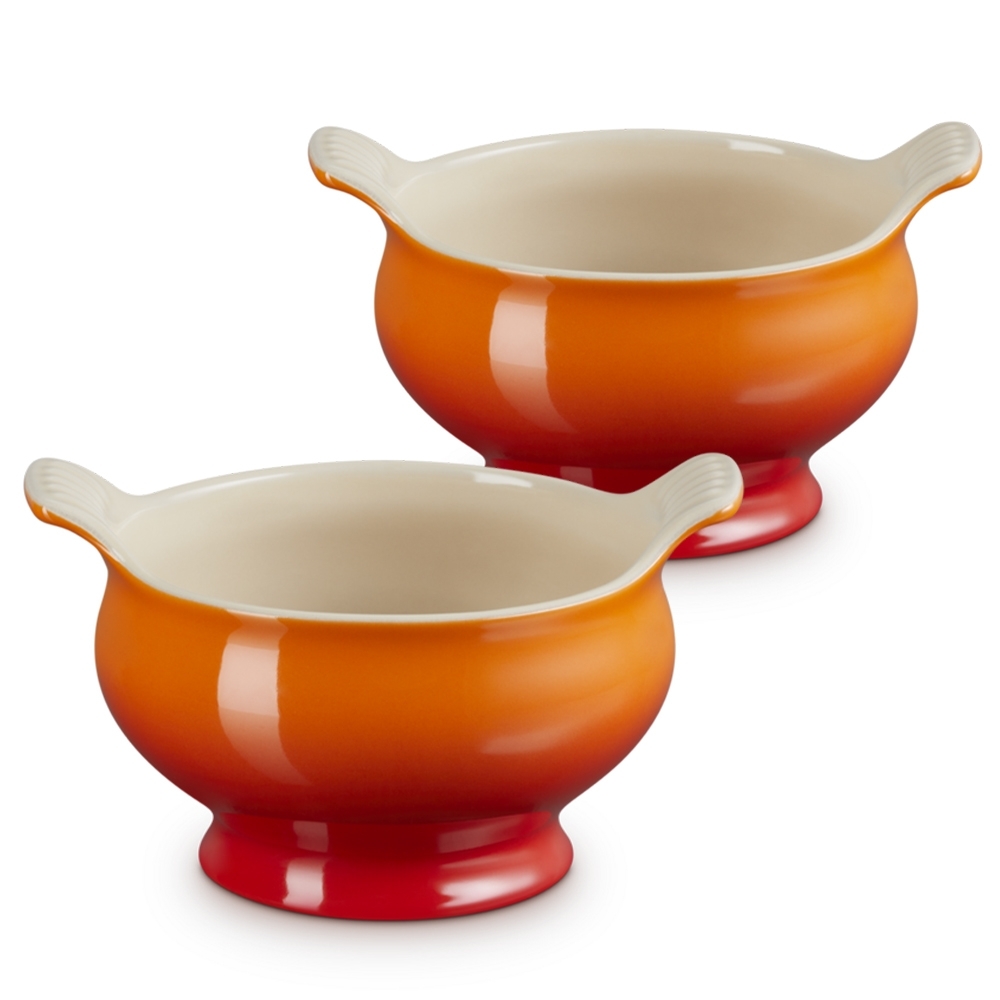 Set aus zwei orange-roten Keramik-Suppenschalen mit Henkel