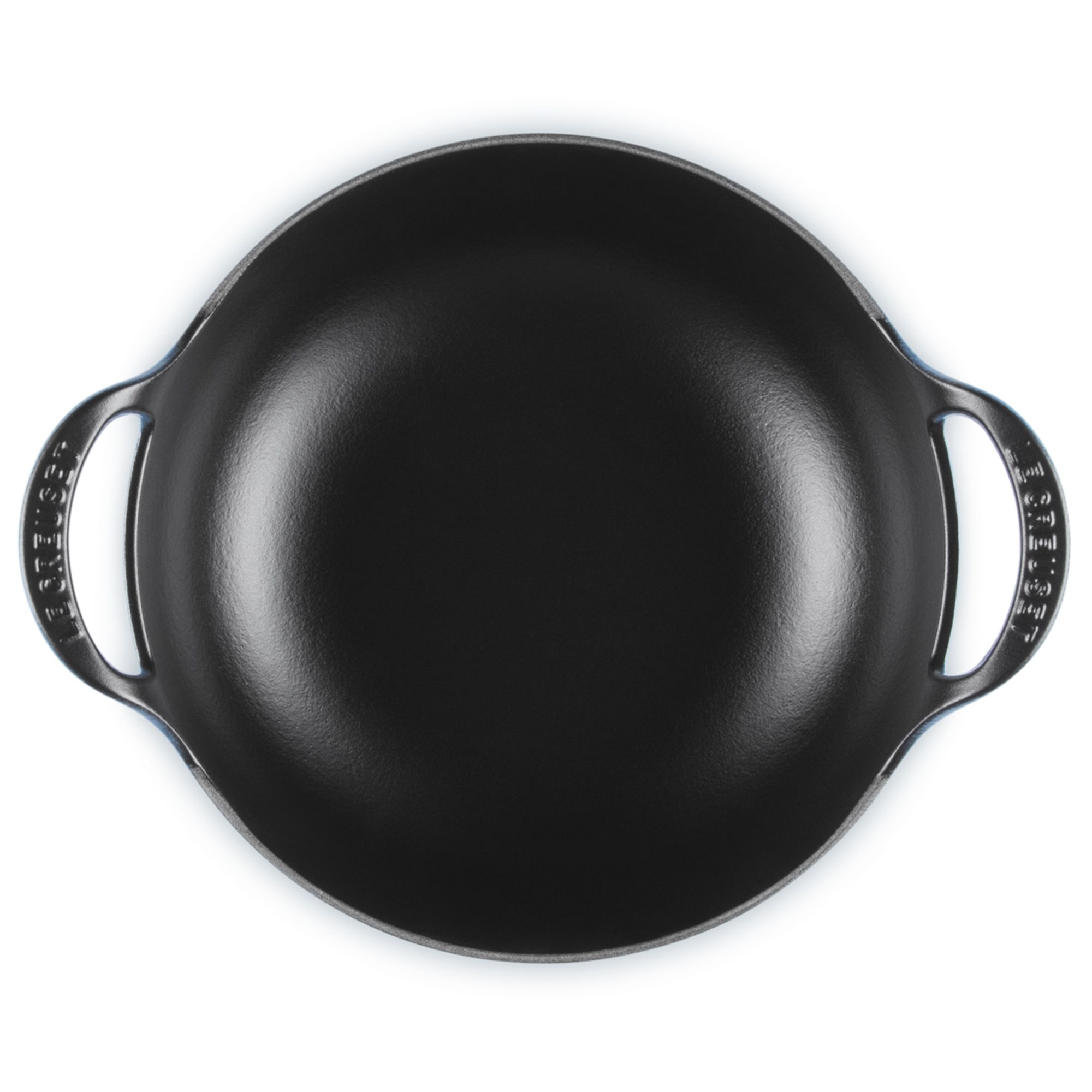Black cast iron frying pan with two handles