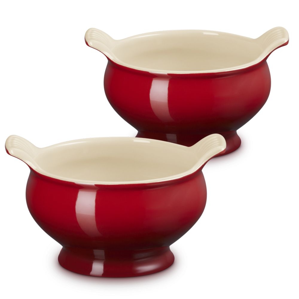 Two red ceramic soup bowls with handles