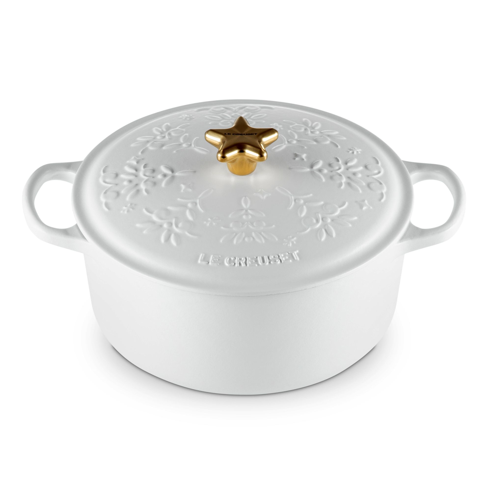 Le Creuset - Bräter Noel 24 cm - Goldknopf und Relief - Noel Cotton Le Creuset - Bräter Noel 24 cm - Goldknopf und Relief - Noel Cotton
