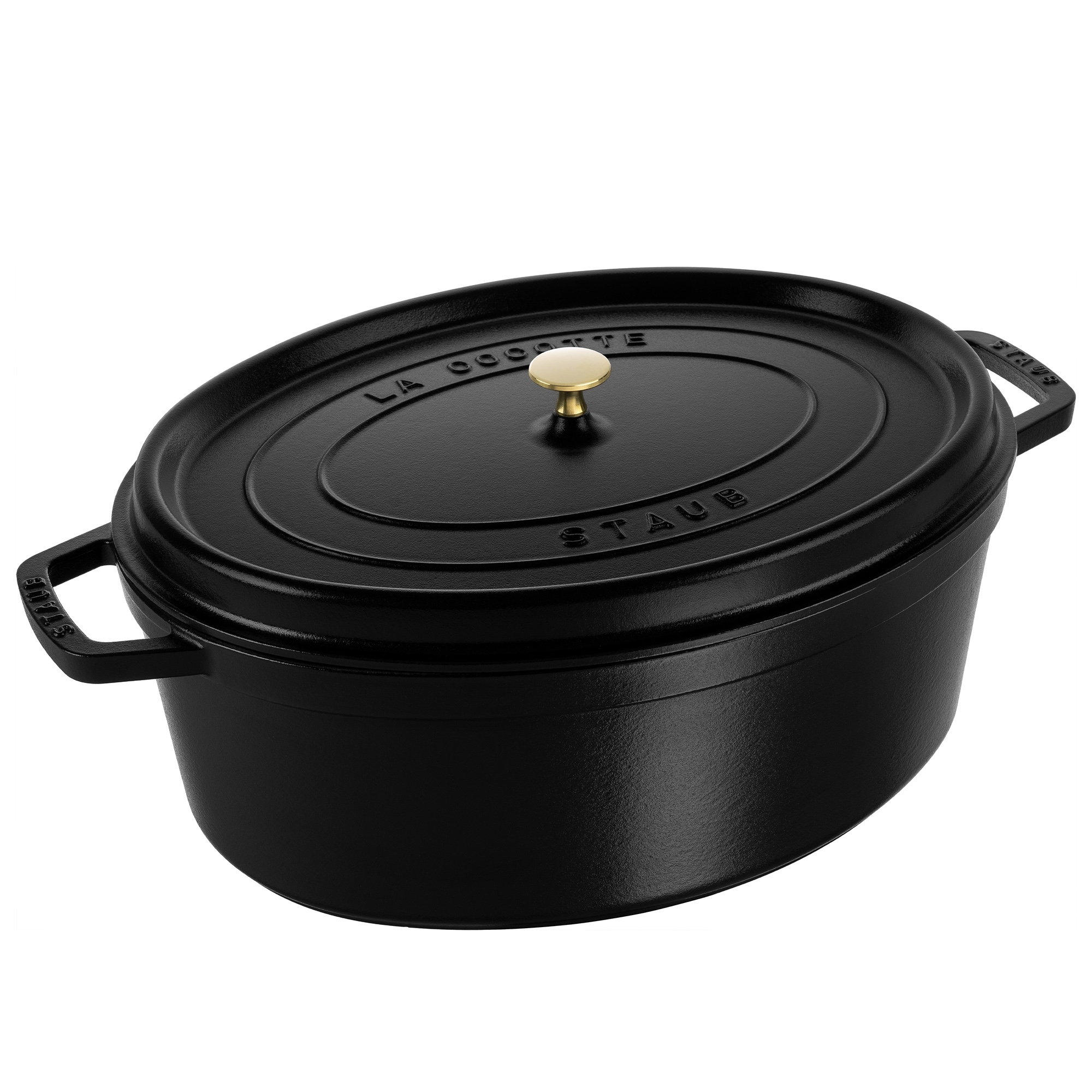Black oval cast iron pot by Staub with golden knob